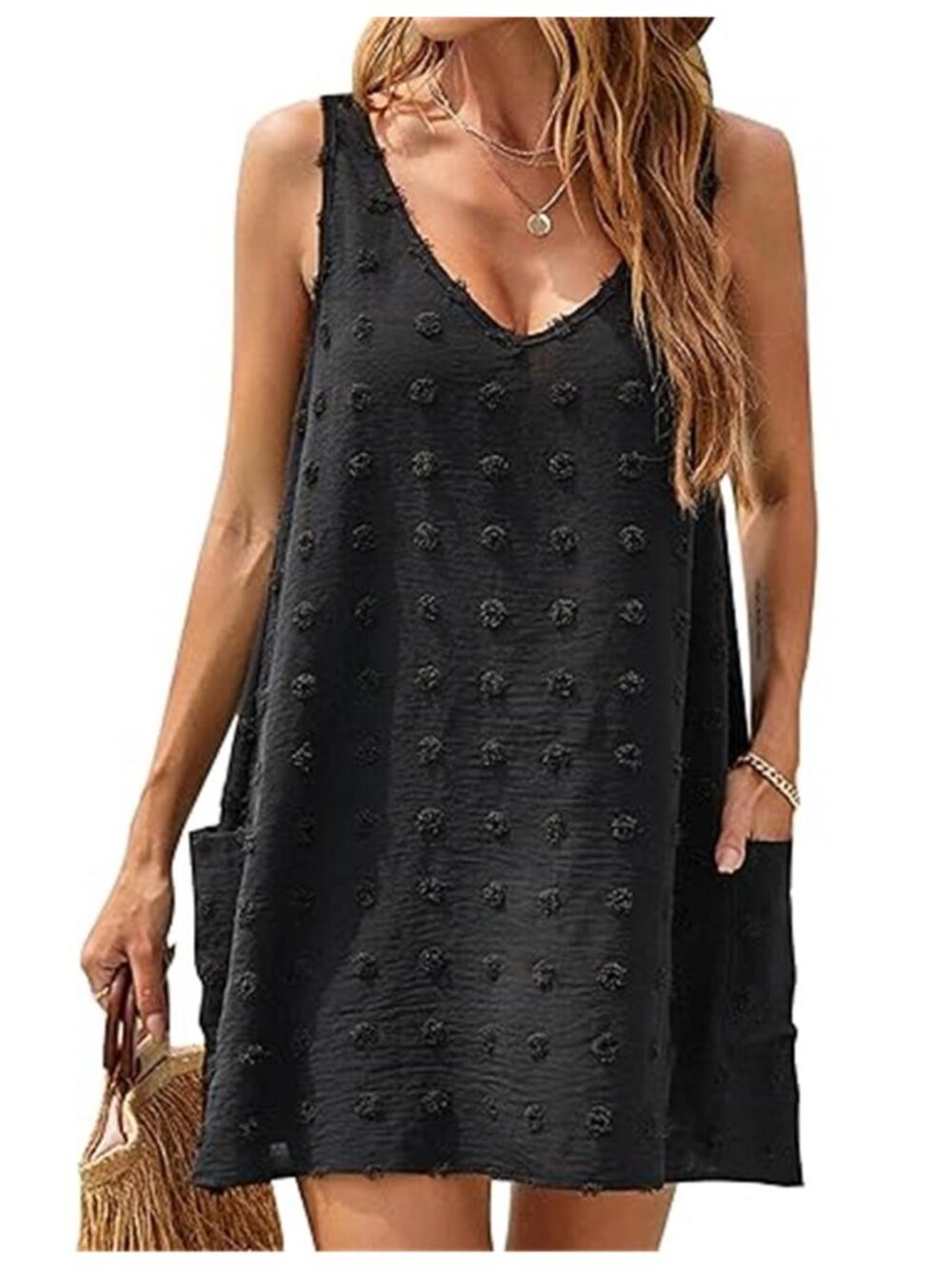 Womens Polka Dot Beach Cover Up Dress V Neck Swimsuit Coverup With Pockets Black